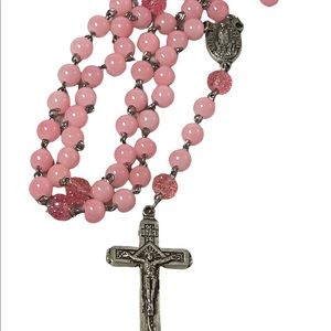 Fatima pink plastic Rosary silver crucifix religious
